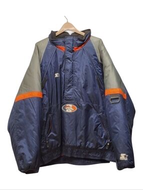 Pro Line NFL~VTG Denver Broncos Puffer Pullover Jacket~1/4 Zip~Navy Orange~XL